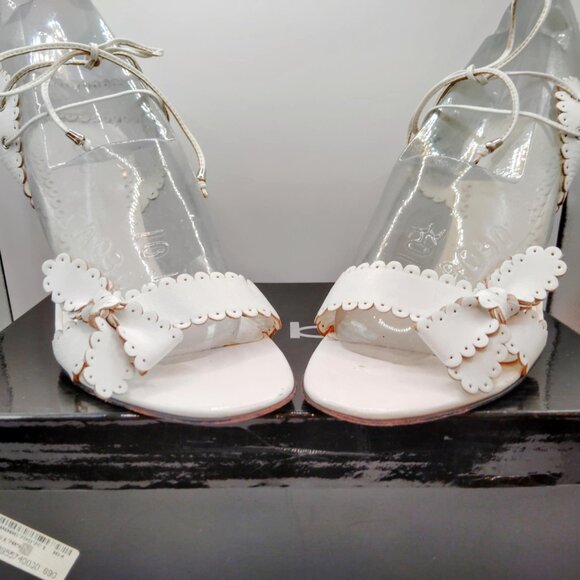 Bebe Bow High Heel Sandals  White Lacey Leather  Ankle Straps  8 1/2 M - Picture 5 of 12